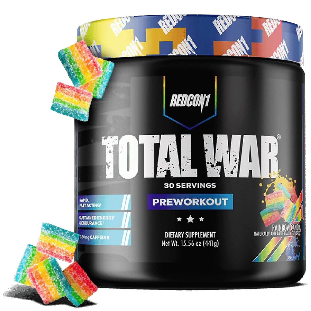 REDCON1 Total War Pre Workout, Rainbow Candy, L Citrulline, Malic Acid, Green Tea Leaf Extract for Pump Boosting Pre Workout for Women &amp; Men - 3.2g Beta Alanine to Reduce Exhaustion, 30 Servings