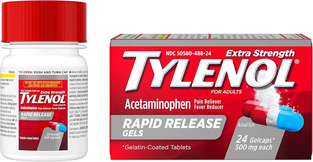 Tylenol Extra Strength Acetaminophen Rapid Release Gels, Doin Reliever & Fever Reducer, 24 ct
