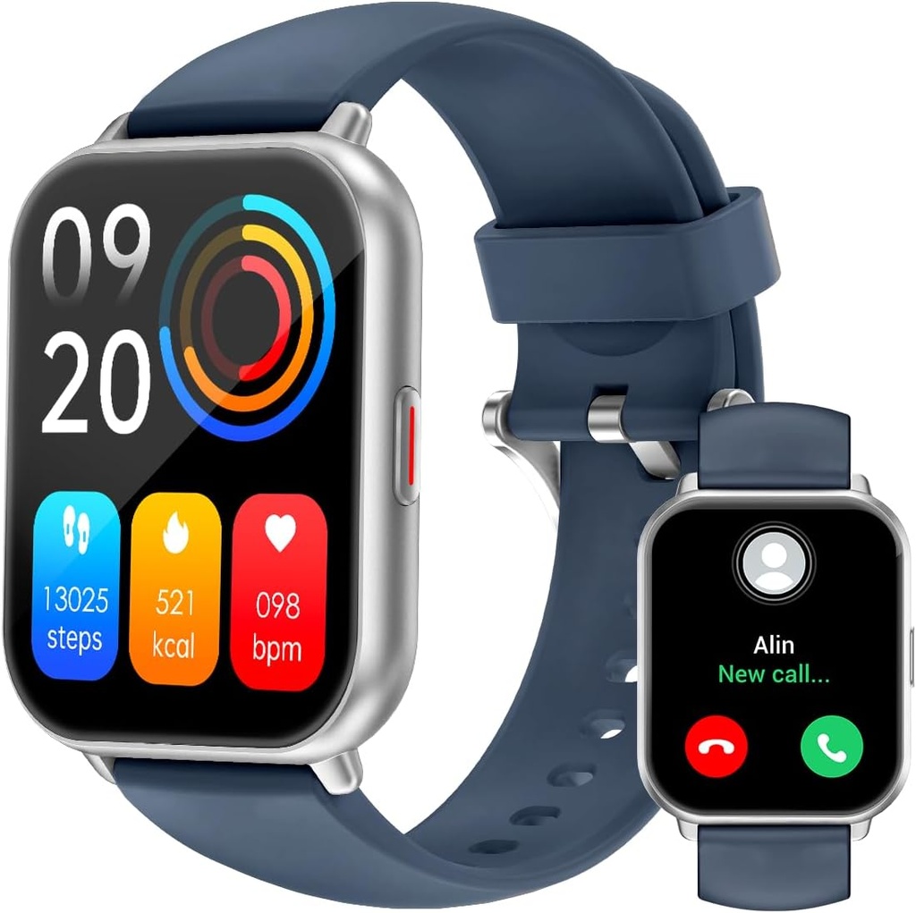 Relojes inteligentes RUIMEN para hombres mujeres (llamadas Amberes/Make, 2 bandas incluidas), 1.8" Smartwatch para teléfonos iOS/Android, Fitness Tracker Heart Rate/Sleep Monitor Digital Watch Waterproof Blue