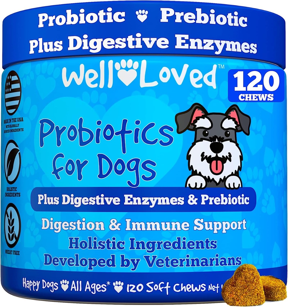 Probiotics for Dogs, Dog Probiotics, Made in USA, Vet Developed for Gut Health, Yeast Balance, Itchy Skin, Diarrhea & Gas Relief, Chews with Prebiotic & Digestive Enzymes, Digestive Support