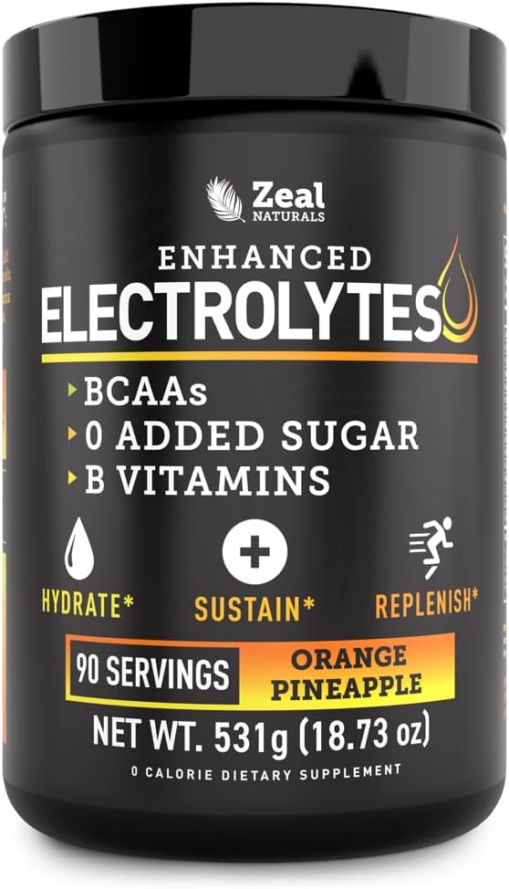 Zeal Naturals Electrolyte Powder Recovery Drink (90 Servings ← Orange Pineapple) w 0 Sugar +BCAAs +B-Vitamins Electrolyte Suplemento w Potassium Zinc &amp; Magnesium for Hydration - Keto Electrolytes