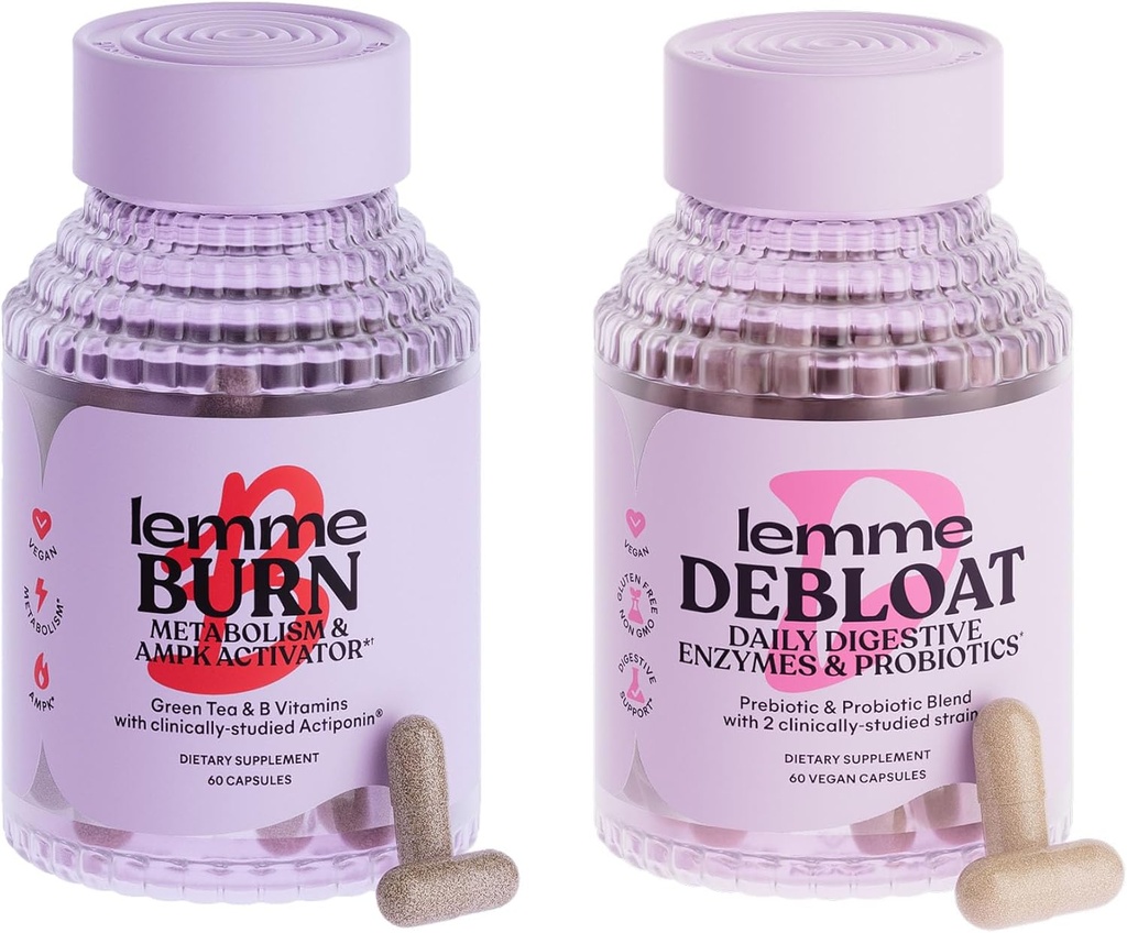 Lemme Burn & Debloat Capsule Bundle - Metabolismo & Fat Burning + Debloat Capsules para Bloating & Gas Relief, Probióticos & Prebióticos - Gluten Free, Non-GMO - 60 Ct. Cada