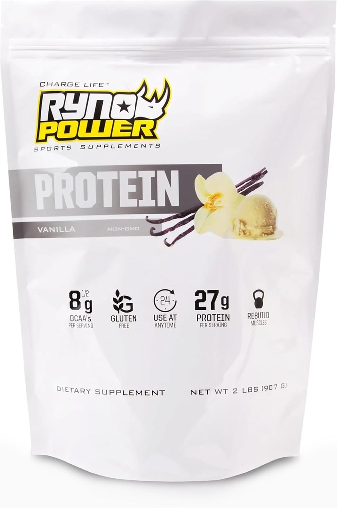 Ryno Power All Natural Whey Protein 2lb (20 Servings) 'Vanilla' - 100% Whey Protein Blend &amp; No Fillers - Non GMO