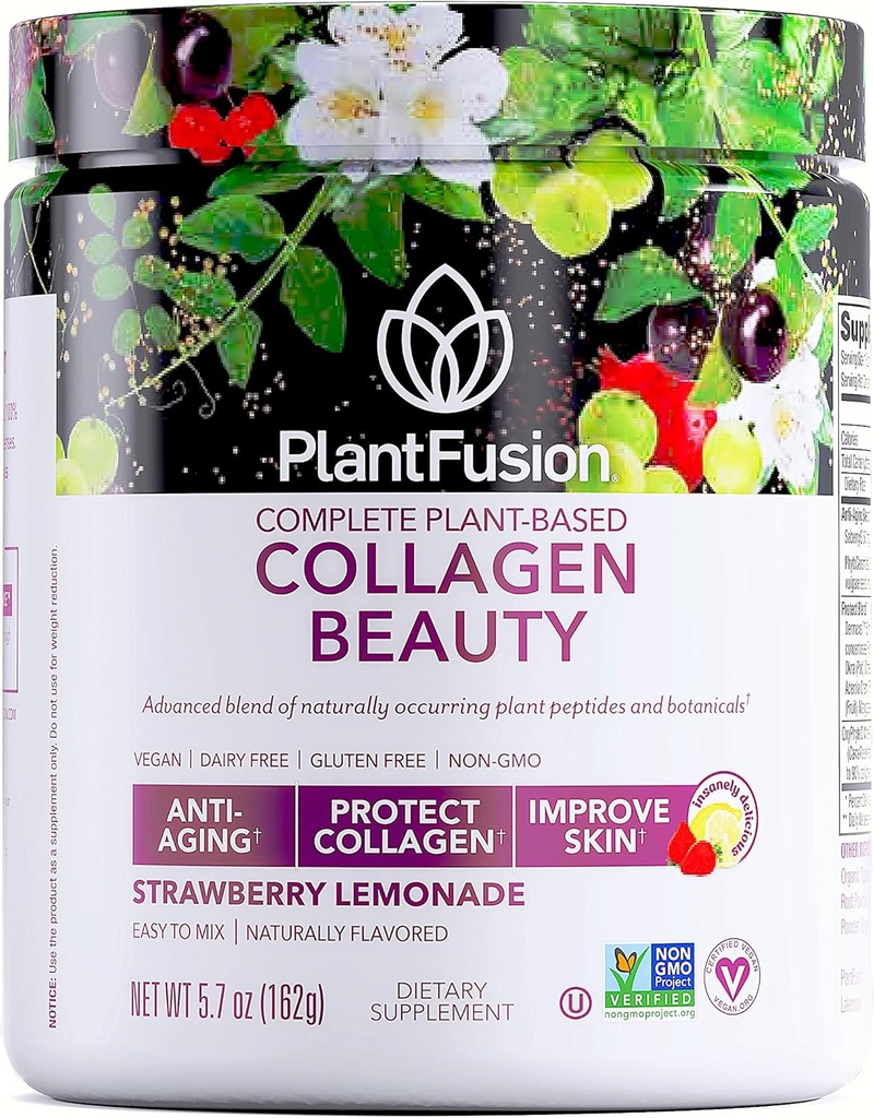 PlantFusion Vegan Collagen Beauty - Pólvora de Collagen Vegan para Mujer - Piel de pelo y uñas Vitaminas - Gluten Free, Non-GMO, Non-Dairy (Strawberry Lemonade 18 Servings)