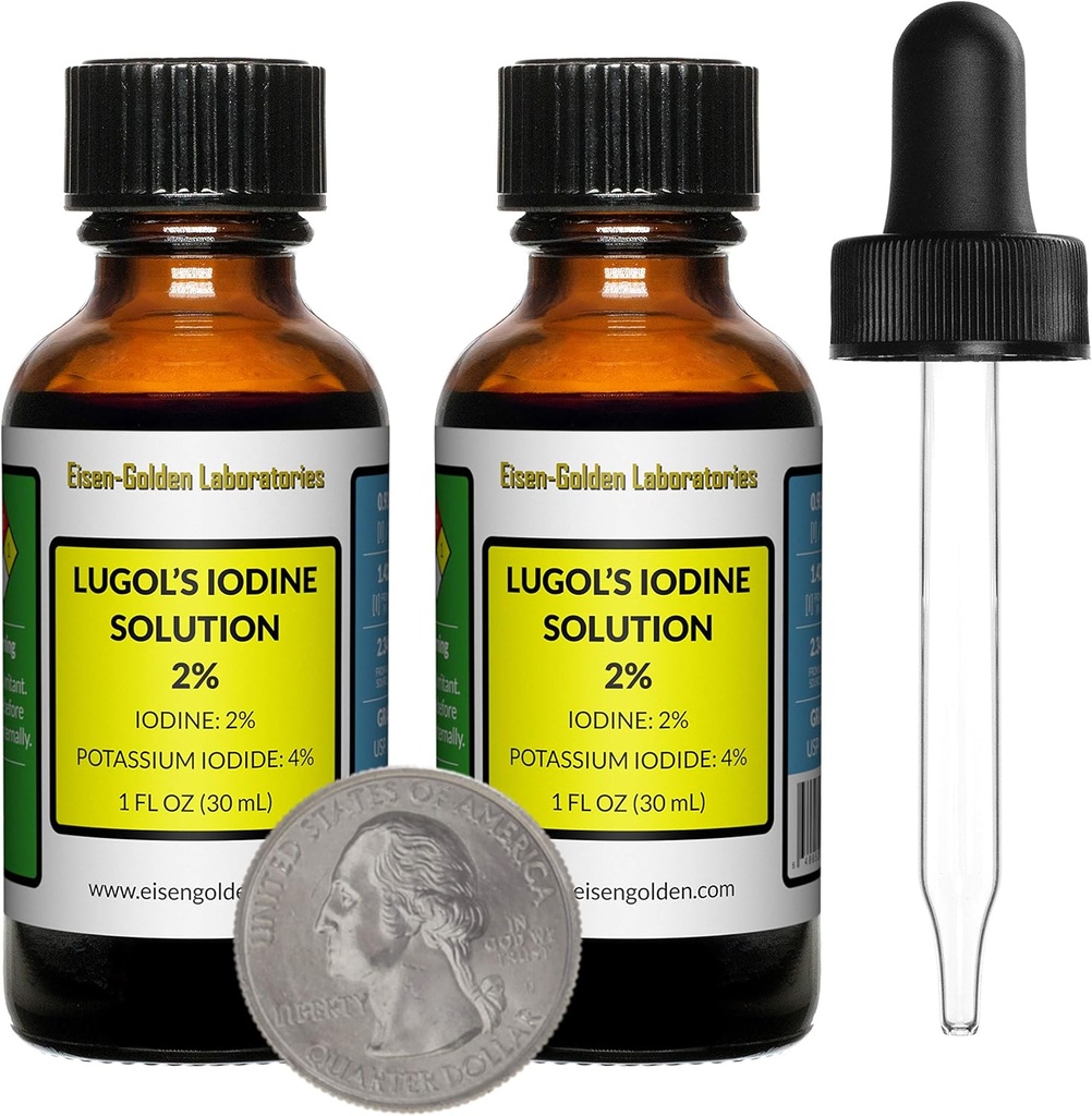 Lugol's Iodine / 2% Solution / 2 Oz in Two Amber Glass Bottles/Free Droppers/USA