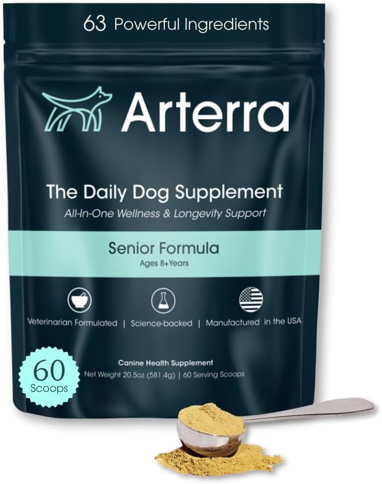 Senior Dog Powder Suplemento " Food Topper – 63 Ingredientes para la salud conjunta, Gut, Immune " Brain Health – Daily Longevity Multivitamin with Glucosamine, Probiotics, and Fish Oil "
