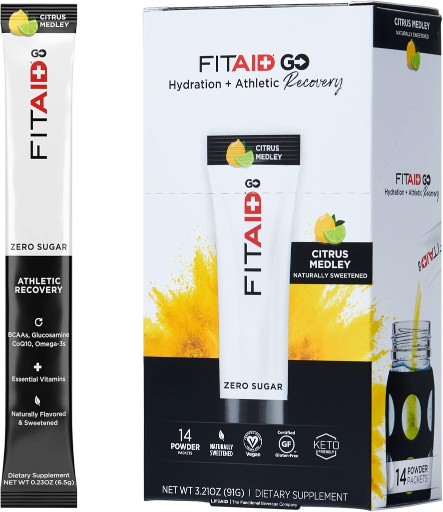 FITAID GO ZERO SUGAR Recovery Hydration Packet, W/ BCAAs, Glucosamine, Electrolitos, Omega-3, 100% limpio, Keto-friendly, Vegan &amp; Gluten-Free, 5 calorías, Naturalmente endulzado, 14 pack