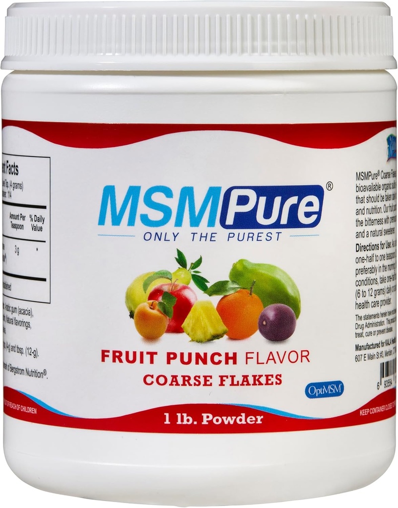 KALA HEALTH MSMPure Fruit Punch Flakes de pólvora de MSM tosca – Sulfuro orgánico para flexibilidad conjunta, apariencia de piel y soporte para uñas de pelo – 1 lb, EE.UU. Hecho, cristales destilados