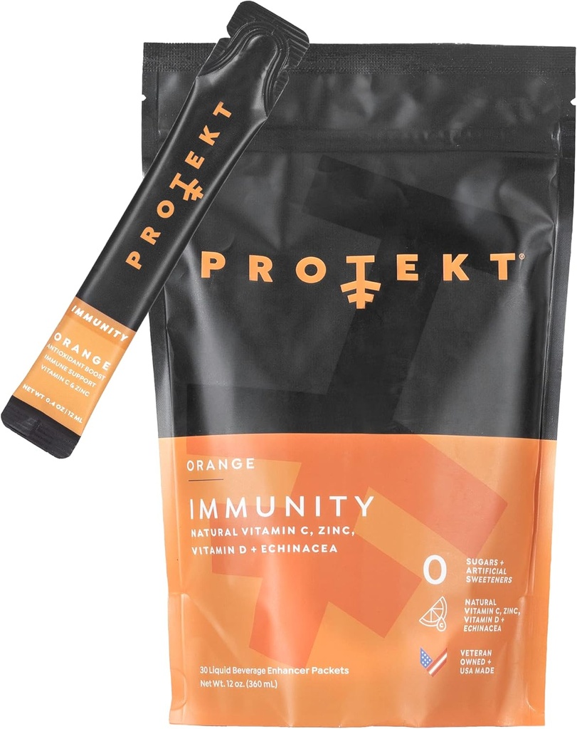 Inmunidad Protekt - Soporte Inmunitario Fórmula líquida con zinc y vitamina C - Natural, Antioxidante libre de azúcar y mezclas de vitaminas - Pack de 30 - Orange