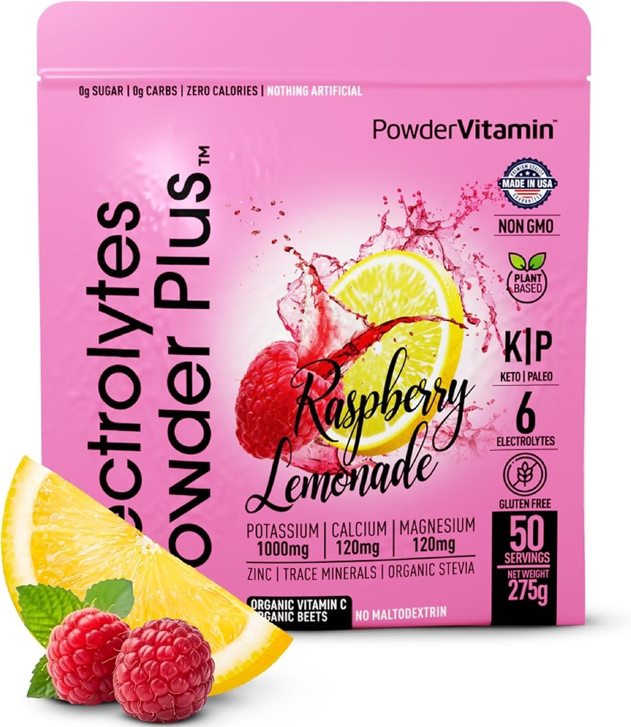 PowderVitamin Electrolytes Powder Plus (50 Servings) Raspberry Lemonade Electrolyte Powder Zero Calorie Keto, 0 Azúcar, Sin Maltodextrin,1000mg Potasio, 120mg Calcio,120mg Magnesio, Hidratación Polvo