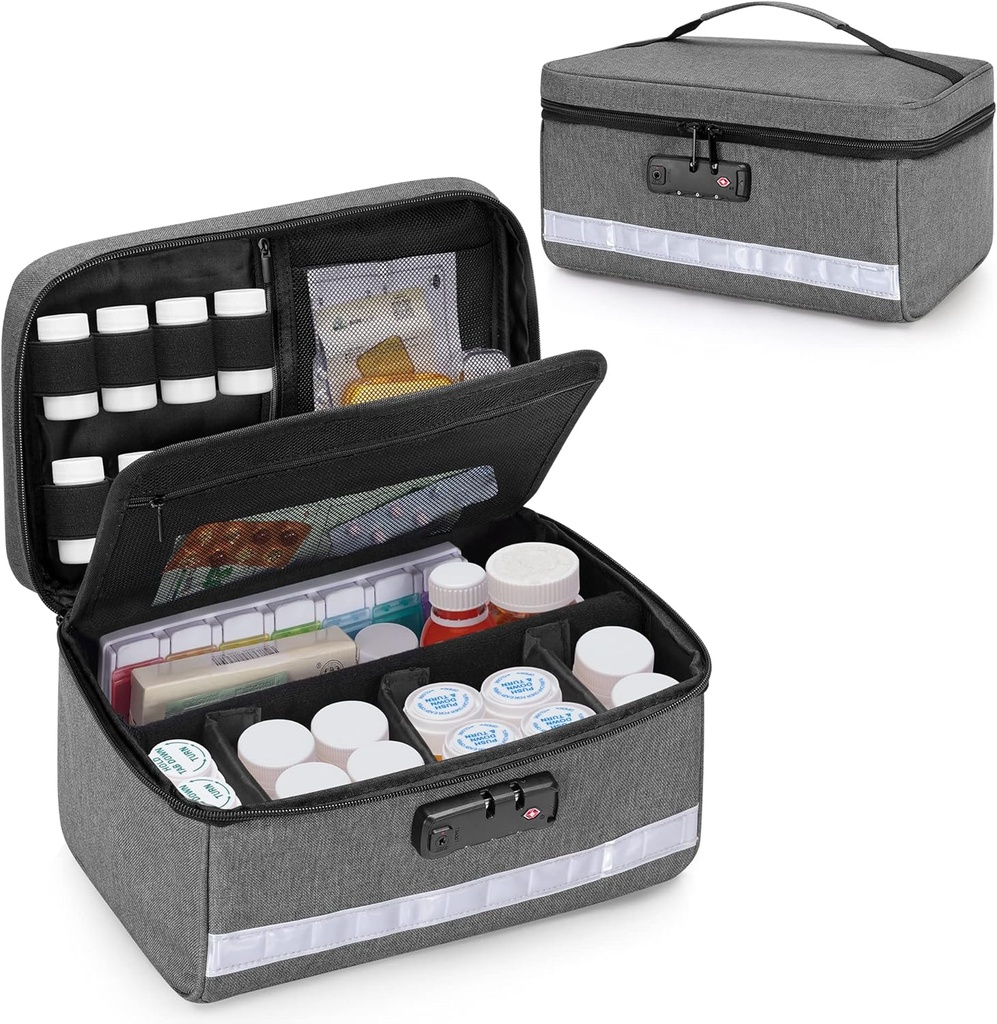Organizador de botellas de cerradura Damero con divisores internos, almacenamiento de medicamentos y bolsa de organizador Cerradura de combinación para medicamentos, vitaminas y suministros médicos, Gray