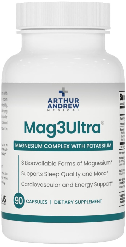Arthur Andrew Medical, Mag3Ultra Triple Magnesium Suplemento, Sucrosomial, Bisglycinate, Taurate para el Muscle, Estrés, Mood, Nerve, Bone & Heart Support, 90 Capsules