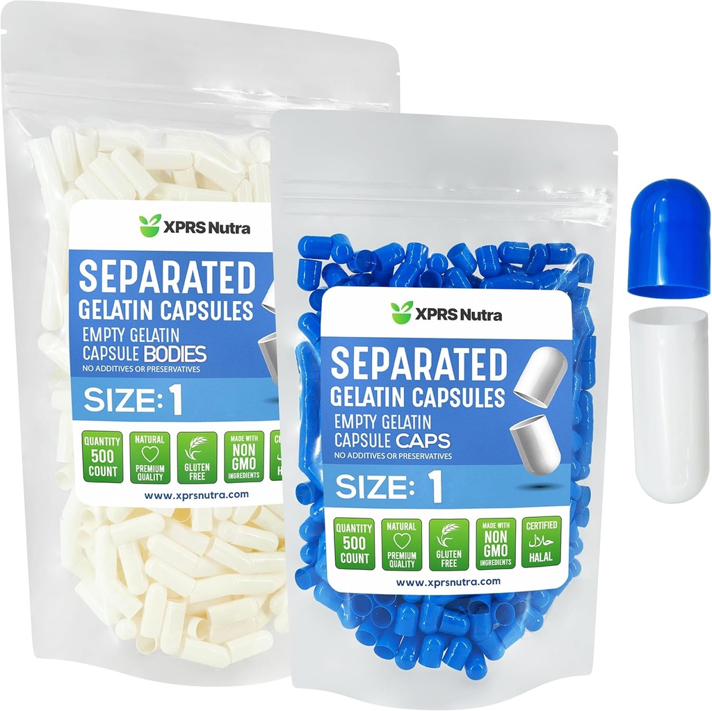 XPRS Nutra Tamaño 1 Gelatina Capsules Separados- 500 Conde Empty Pill Capsules Separados en Bolsas - Empty Pills Empty for DIY Supplement Filling (Blue/White)