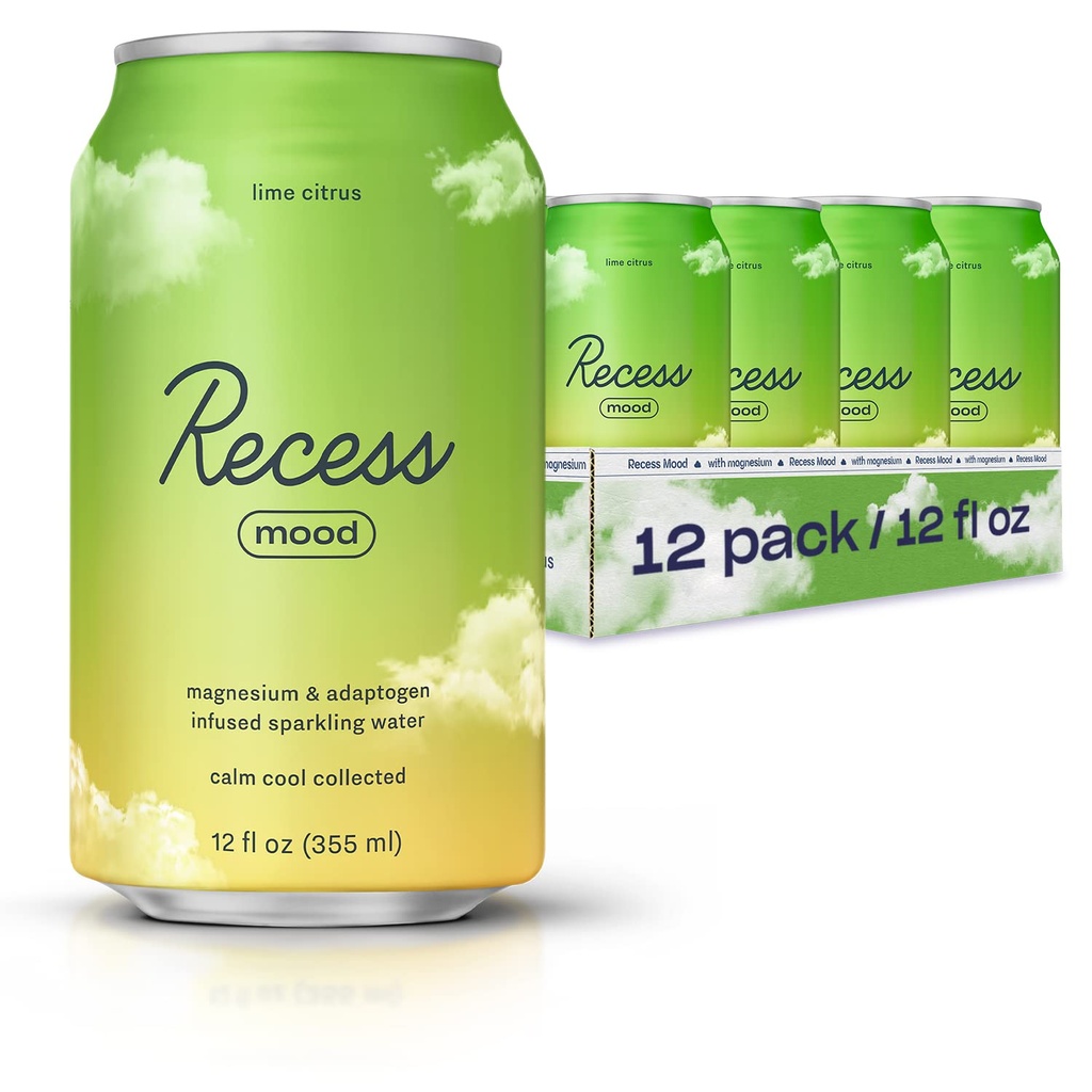 Recess Mood Magnesium " Adaptogen Drink, Relax Beverage, 12 onzas (Lime Citrus, 12 pack)