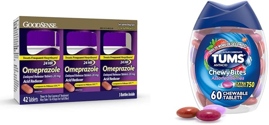 GoodSense Omeprazole Tablets 14 Cuenta (3 Pack) y TUMS Chewy Bites Tablas de ácido 60 Cuenta