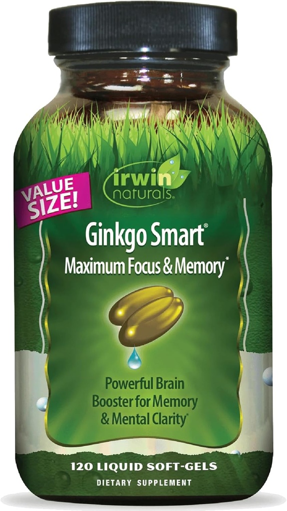 Irwin Naturals Ginkgo Smart Powerful Nootropic Brain Booster - Supports Maximum Memory, Focus & Mental Clarity with DMAE, Clubmoss, Choline & Acetyl L-Carnitine - 120 Liquid Softgels