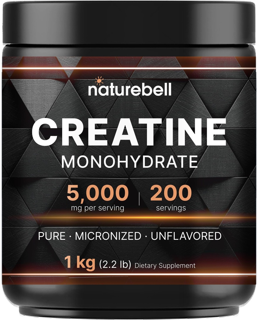 NatureBell Creatine Monohydrate Powder 1000g, 5,000mg Por Serving, 200 Servings (2.2 lb) ¦ Micronized, Pure &amp; Unflavored ← Pre-Workout Muscle Support* TEN Keto, Vegan, Filler-Free