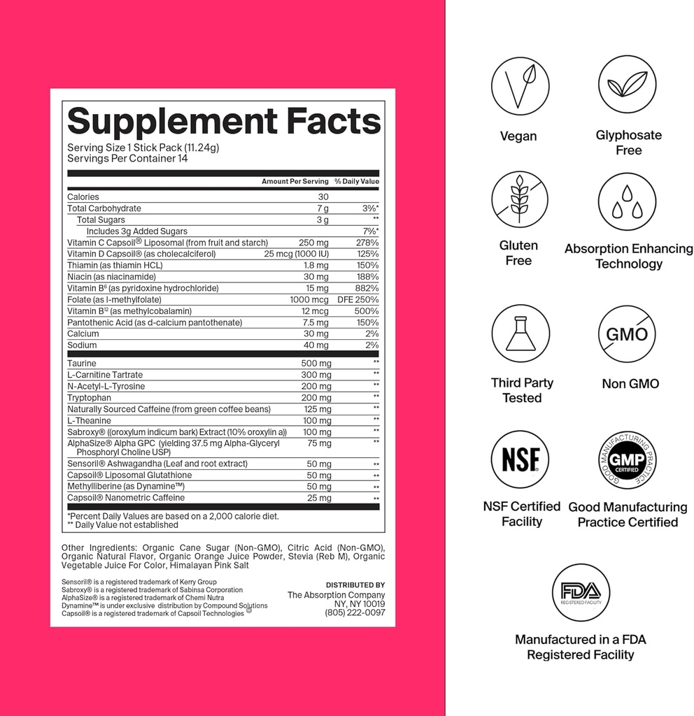 The Absorption Company Energy Drink Powder Mix Packets – Clean Energy Booster to Support Alertness with 150mg Natural Caffeine &amp; Vitamin C – Fruit Punch Flavor, 28 Sticks