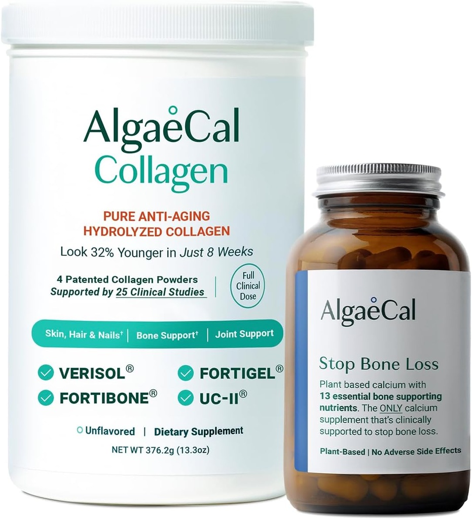 ALGAECAL Calcium &amp; Collagen Bundle – Collagen hidrolizado Completo con Verisol clínico, Fortibone & Fortigel, Más 13 Bone Supporting Minerals and Vitamin D3 for Bone Health & Anti-Aging
