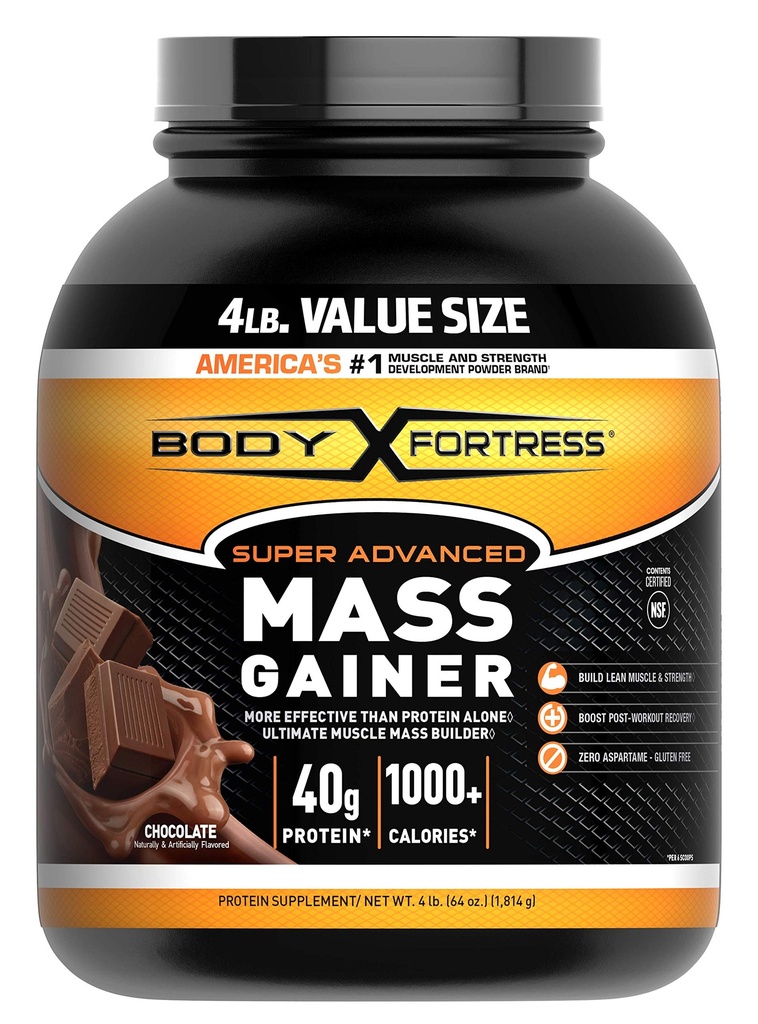 Body Fortress Super Advanced Mass Gainer, Chocolate Protein Plus Surplus Calories for Muscle Mass Gain Support 1-4lb. Jar
