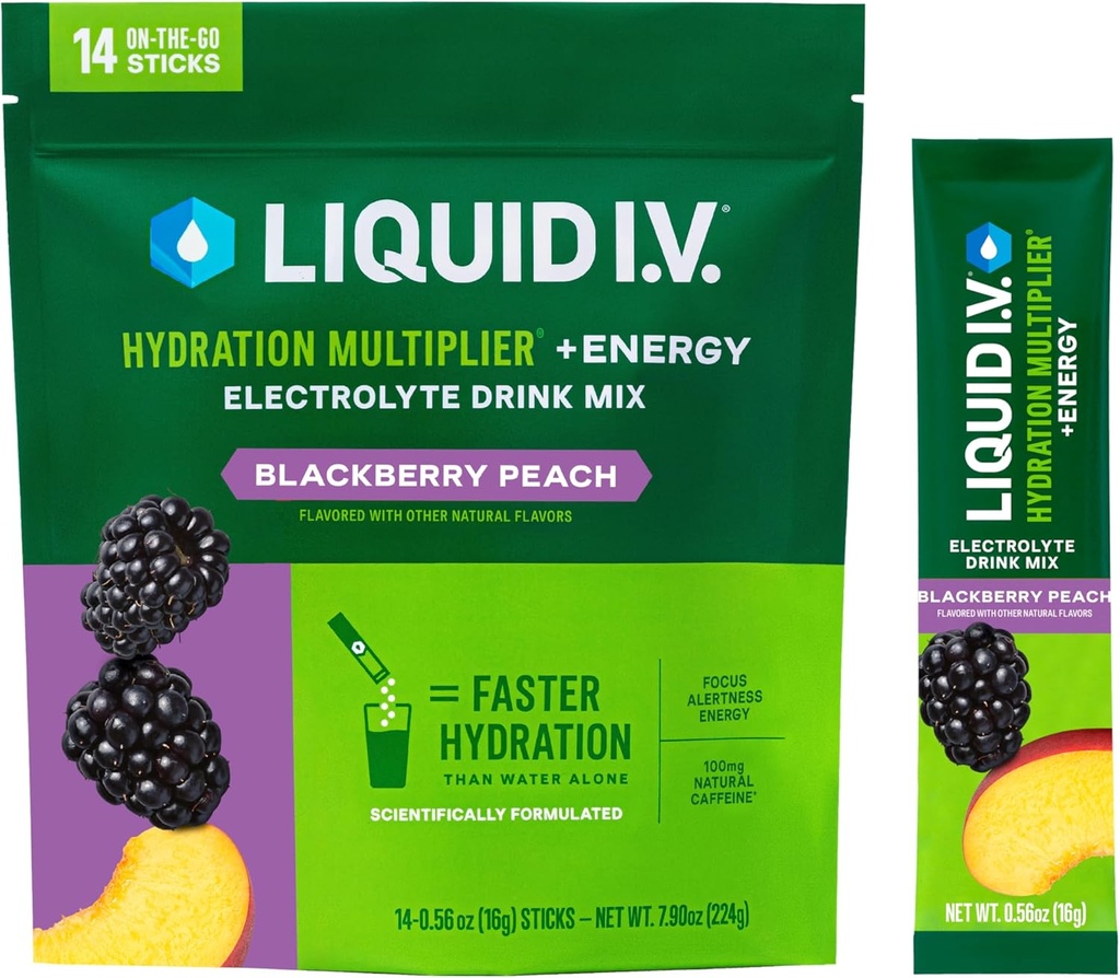 Liquid I.V.® Hydration Multiplier+Energía ← Blackberry-Peach  durable Electrolyte Powder Drink Mix Silencio 3 Pack (42 Servings)