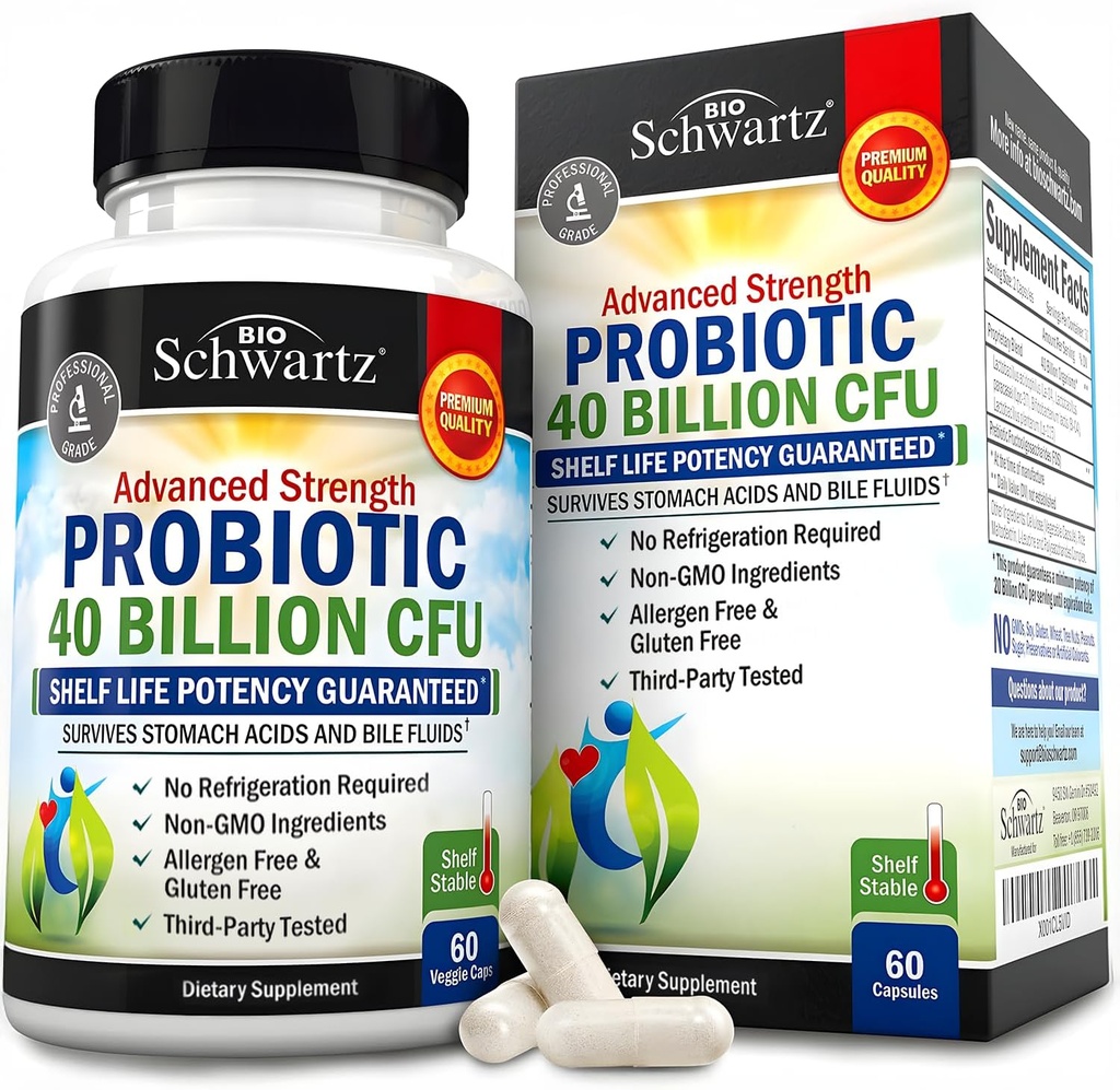 BioSchwartz Daily Probiotic Nutritional Supplement - 40 Billion CFU for Gut Health - Probiotics for Men and Women - Digestive Health with Astragalus " Lactobacillus - Shelf Stable - 60 Count