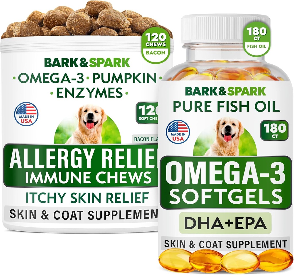 Alivio de Alergia + Omega 3 Bundle - Anti-Itch Skin limitadaCoat Suplemento + Alergia de la piel - Omega 3 Fish Oil + EPA paciente DHA Fatty Acids - Itching ventaja de Paw + salud conjunta - 120 Chews + 180 Softgels - Made in USA