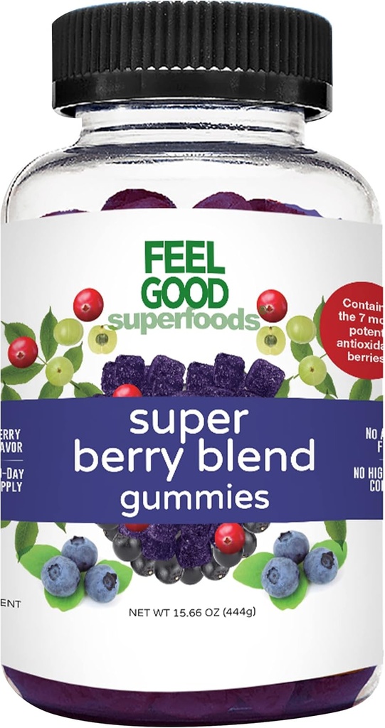 FeelGood Superfoods Super Berry Multivitamin Suplementos, Acai, Amla, Lingonberry, Maqui, Bilberry y Aronia Berry Gummies, Berry Flavor, Vegan, Non-GMO, 60 Condes
