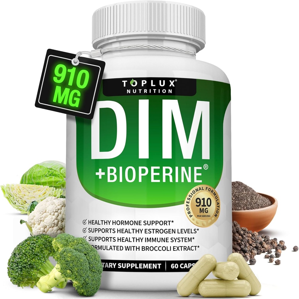 Suplemento de Dim 910 mg Plus Complejo BioPerine - Diindolylmetano para apoyar el equilibrio hormonal y el metabolismo estrógeno, ayuda con el acné de la menopausia PCOS Mejor creación de cuerpo de la piel, para hombres mujeres, 60 cápsulas