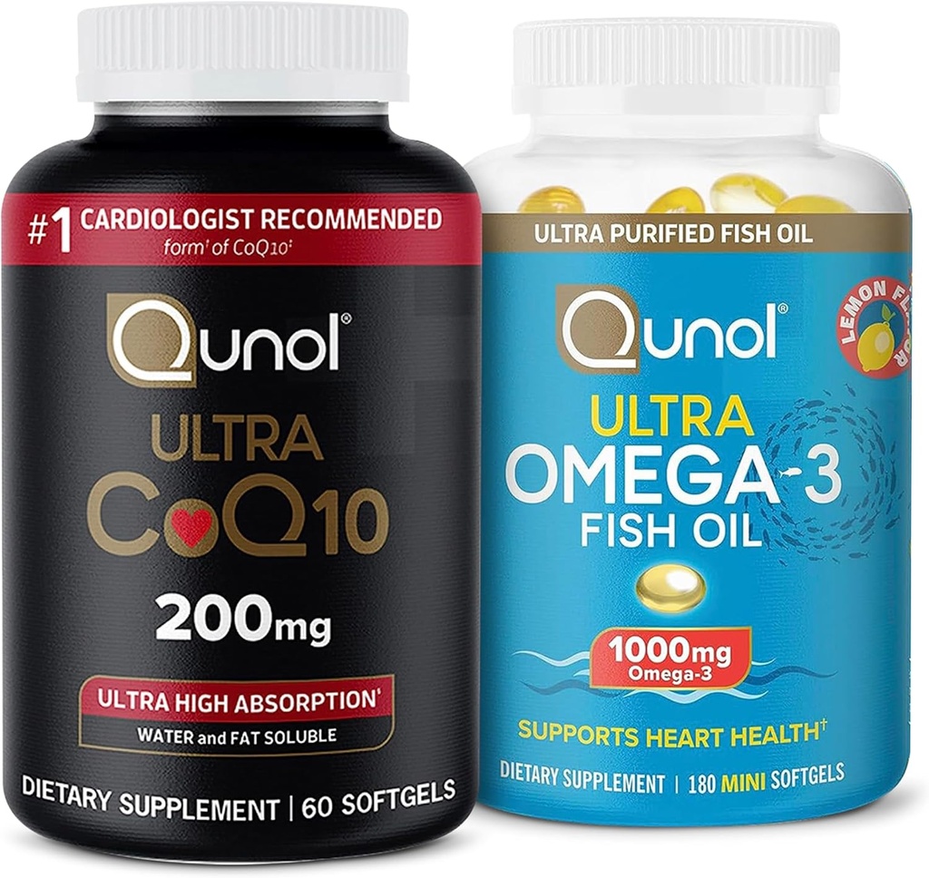 Qunol CoQ10 100mg Softgels, 3X Mejor Absorción, 4 Mes de Suministro, 120 Conde + Fish Oil Omega 3 Mini Softgels, 1000mg Omega 3 EPA + DHA, 3 Mes de Suministro, 180 Conde
