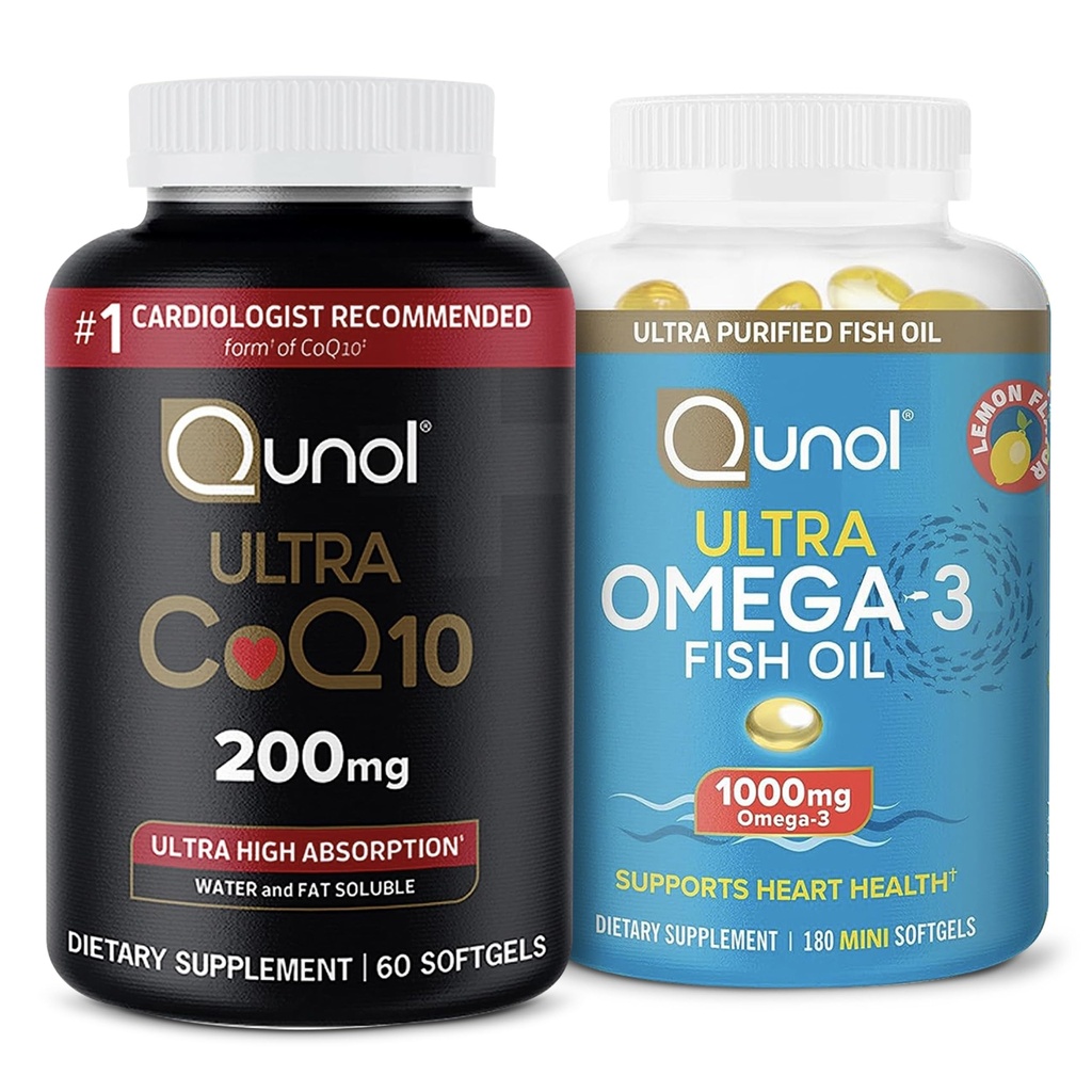 Qunol CoQ10 100mg Softgels, 3X Mejor Absorción, 4 Mes de Suministro, 120 Conde + Fish Oil Omega 3 Mini Softgels, 1000mg Omega 3 EPA + DHA, 3 Mes de Suministro, 180 Conde