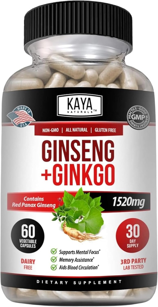Kaya Naturals Red Panax Ginseng + Ginkgo Biloba - Suplemento Nootropic Brain - Cognitive and Concentration Support - Brain Booster, Focus y Memory Supplement - 60 cápsulas