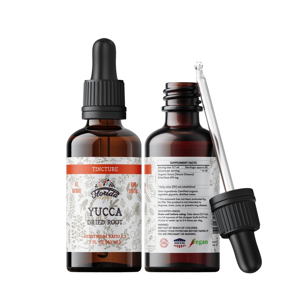 Tintura de Yucca, Extracto de Yucca Orgánica (Yucca Glauca) Suplemento Herbario de raíz seca, No GMO en Glicerina vegetal orgánica prendida en frío, 700 mg, 2 oz (60 ml)