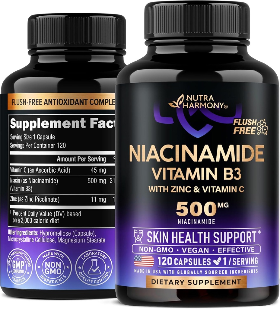 Niacinamide 500 mg - Vitamina B3 Forma sin fluido Niacinamide Suplemento - Esquí sano y antioxidante Soporte - con zinc &amp; vitamina C - Lab Tested, Vegan & NON-GMO - Hecho en EE.UU. - 120 cápsulas