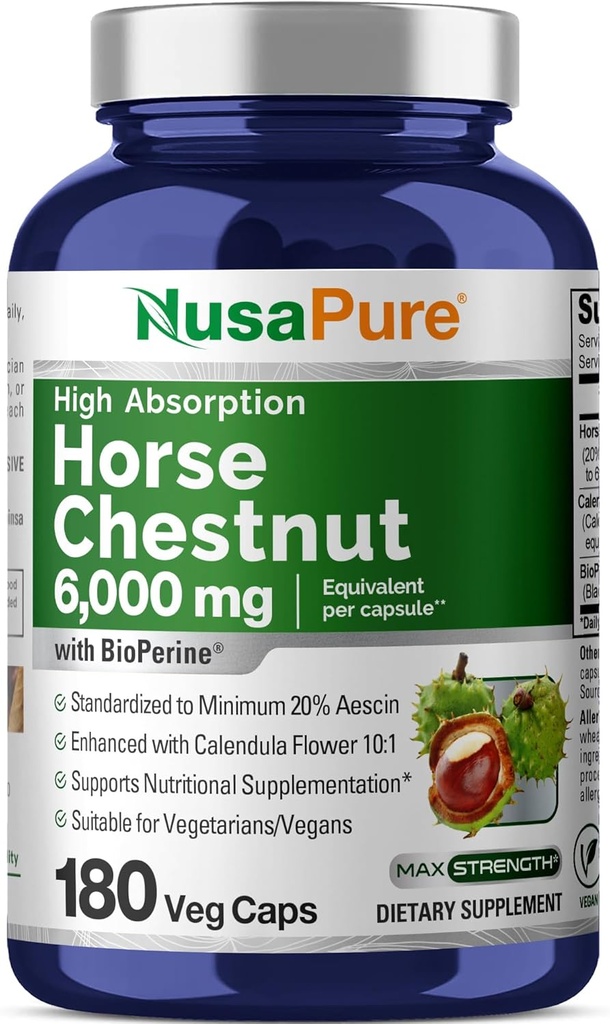 NusaPure Horse Chestnut 20:1 Extracto, 300 mg Equivalente a 6.000 mg 180 Veggie Caps Non-GMO, Vegan, BioPerine, Calendula Flower