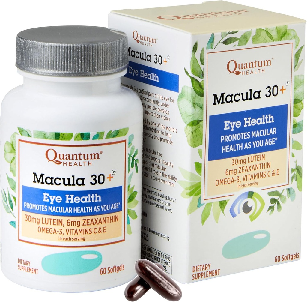 Quantum Health Macula 30+ Eye Care Supplement Promotes Macular &amp; Retinal Health as You Age with Lutein Zeaxanthin Omega-3 Vitaminas C &amp; E Daily Nutrition for Women &amp; Men - 60 Softgels