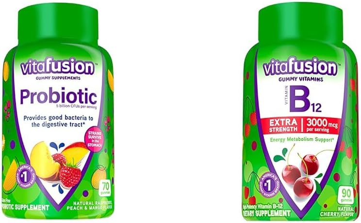 Vitafusion Probiotic Gummy Suplementos, Raspberry, Peach y Mango Flavors &amp; Extra Strength Vitamina B12 Gummy Vitaminas