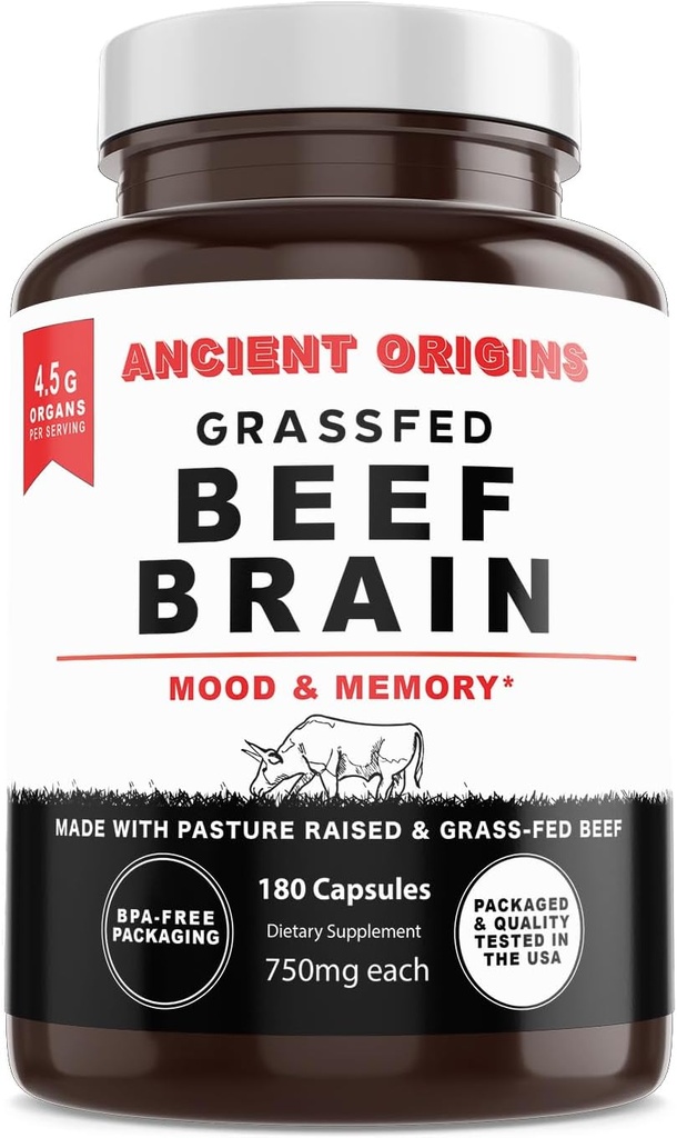 Orígenes antiguos Grass Fed Beef Brain Supplement with Beef Liver, Whole Food Brain Support Promotes Brain, Mood, and Memory Health, Brain and Liver Health Formula Capsules, Non-GMO, 180 Capsules