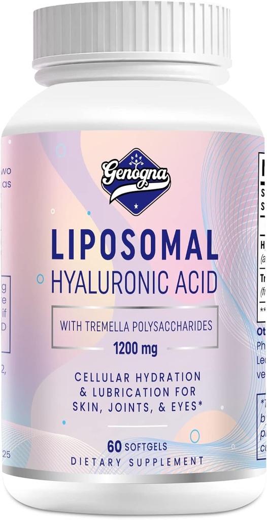 Suplementos de ácido hialurónico Liposomal 1000mg-High Bioavailable cápsulas de ácido hialurónico con polisacáridos Tremella, hidratación de la piel de fuerza doble, Lubricación conjunta,1Pack