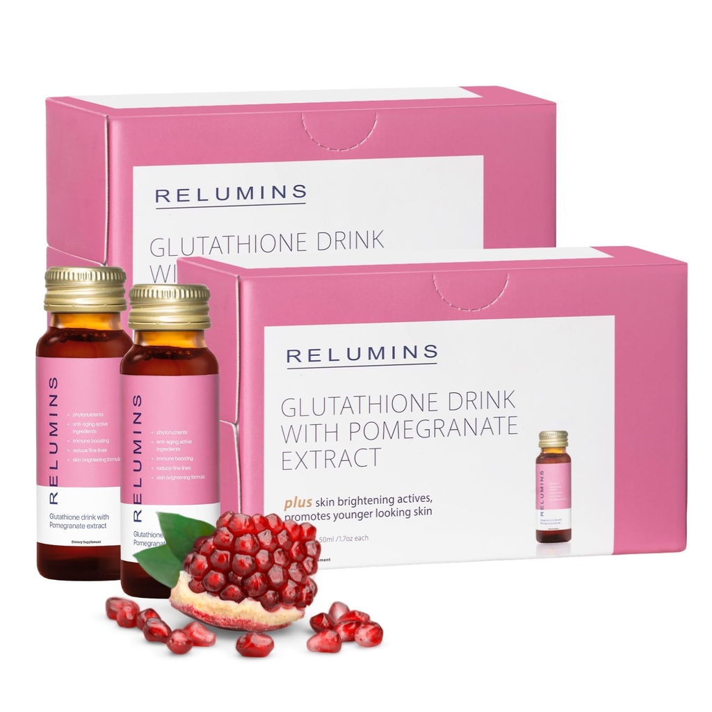 Relumins Glutathione Hydration Shots ¦ Holiday Glow ← Deep Skin Hydration, Collagen &amp; Antioxidant Boost for Radiant, Supple Skin ← Pomegranate Flavor Beauty Drink ← Made in USA ← 20 Bottles x 50ml