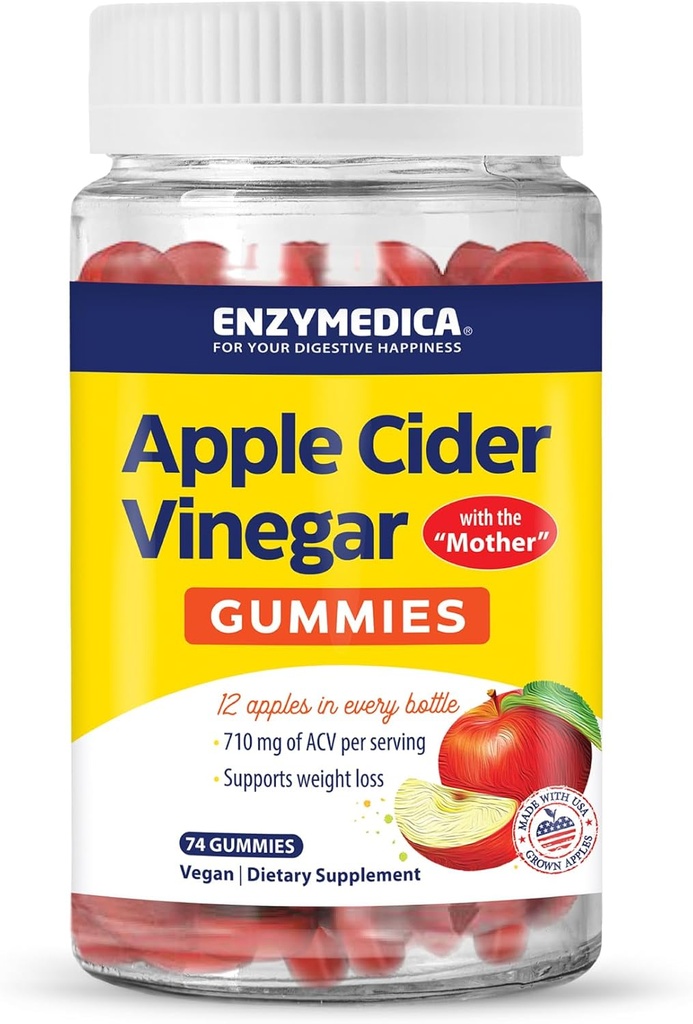 Enzymedica, Mangas de vinagre de manzana, hecha con la madre, 12 Manzanas orgánicas, EE.UU.-Grown por botella,[c][d] 1000 mcg Vitamina B12 por ser, Manzana natural, 74 Conde
