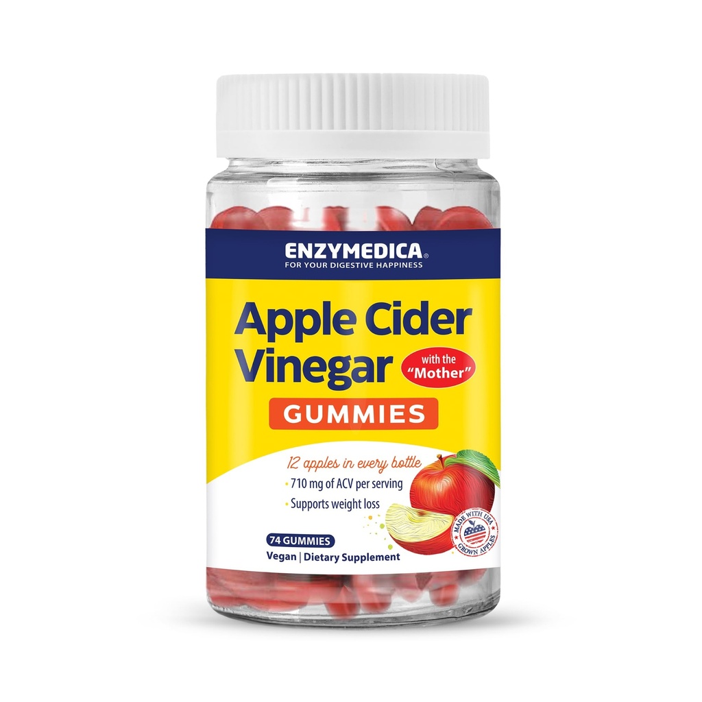 Enzymedica, Mangas de vinagre de manzana, hecha con la madre, 12 Manzanas orgánicas, EE.UU.-Grown por botella,[c][d] 1000 mcg Vitamina B12 por ser, Manzana natural, 74 Conde