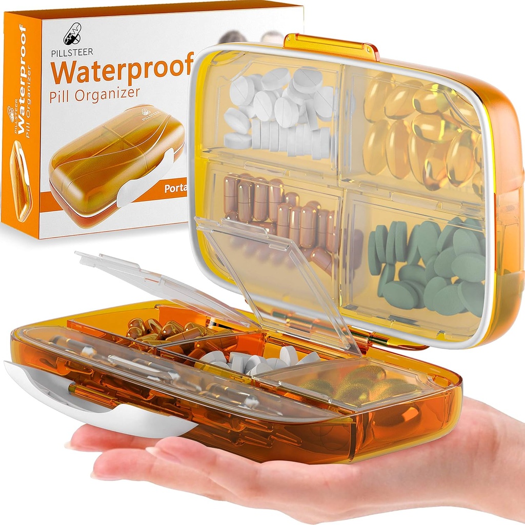 Organizador de píldoras de viaje dispensador de medicamentos - Moisture-Proof Pill Boxes and Organizer - Portable Vitamin Container Holder - 8 grandes componentes para medicamentos y suplementos