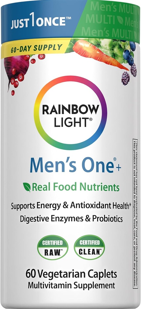 Rainbow Light Mens One Multivitamin, Men's Daily Multivitamin proporciona soporte de inmunológico de alta potencia, con vitamina C, vitamina D y zinc, vegetariano, 60 cuenta