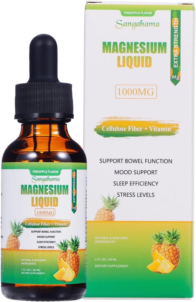 Bombas líquidas Glycinate de magnesio, 1000 mg Suplemento líquido de magnesio con fibra de celulosa, bromelaina, vitamina B6, C, D, zinc, no GMO, Pineapple Flavor(1fl oz)