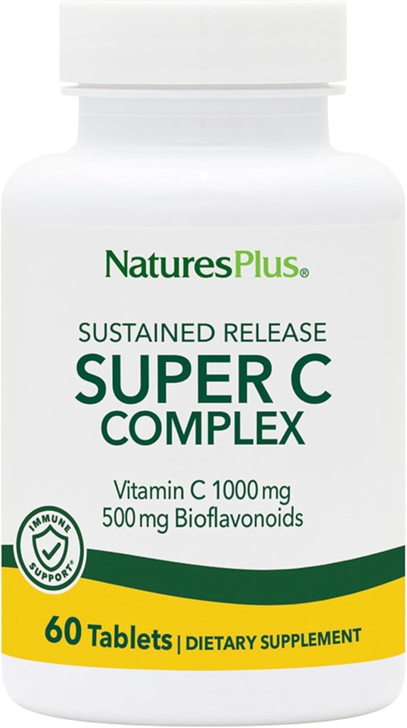 NaturesPlus Super C Complex, Sustained Release - 60 Tablets - 1000mg Vitamina C + 500mg Bioflavonoids - Vegetariano, Gluten Gratis - 60 Servings