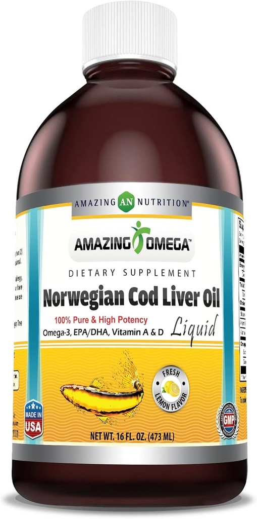 Amazing Omega Norwegian Liquid Fish Oil TENIDO 16 Oz TEN 1625Mg Omega -3s, DHA, EPA per Serving ← Fresh Lemon Flavor ← Non-GMO TEN Gluten-Free TEN Made in USA