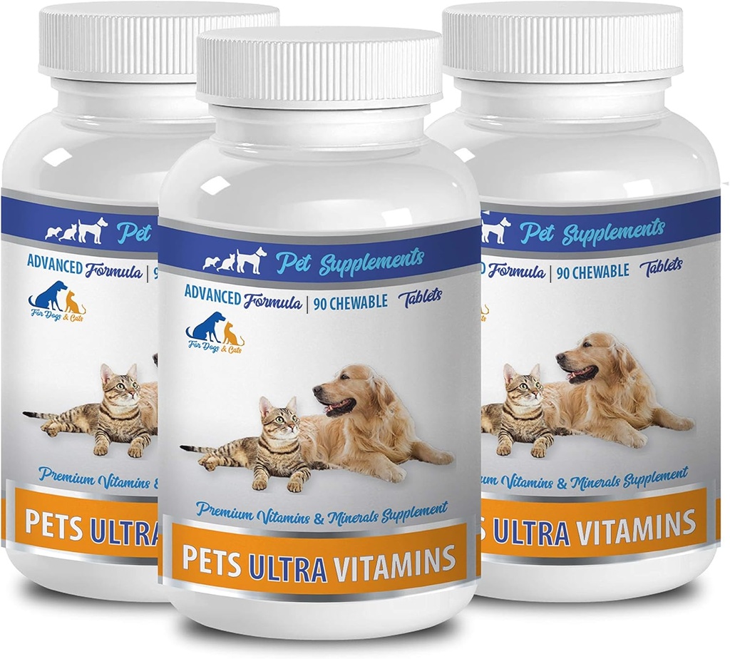 Suplemento del muslo del perro - Mascotas Ultra Vitaminas - para perros y gatos - Salud Inmune - Beneficios del cabello y la carne - Cerveza de calcio del perro - 270 Trucos (3 Botellas)