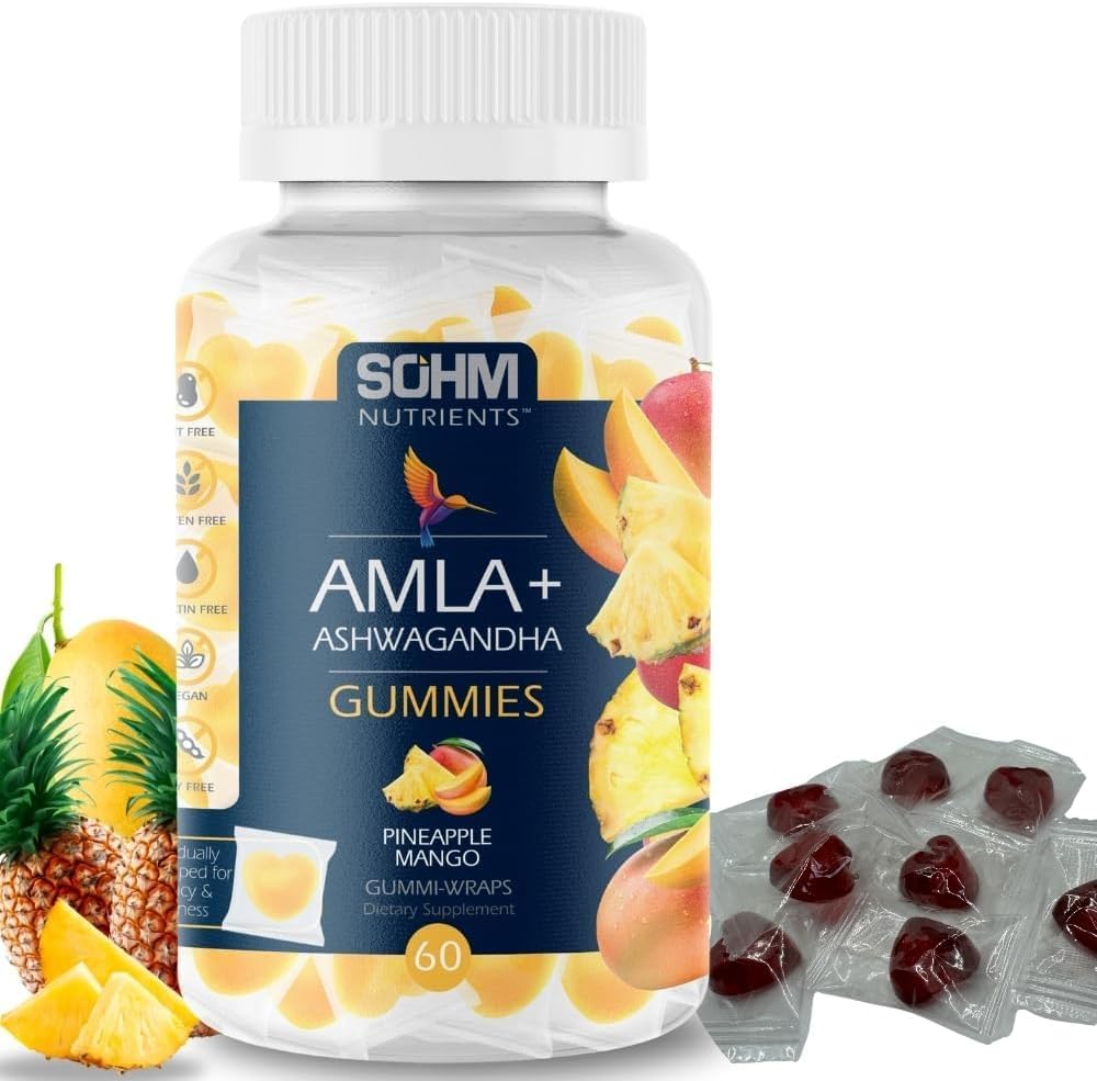 SOHM Amla y Ashwagandha Gummies, individualmente Wrapped, apoya la salud saludable de los inmunes, reduce las infecciones -Ashwagandha Gummies for Women and Men Vegetarian(Pineapple,Mango)
