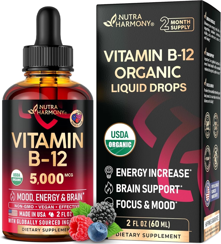 USDA Vitamina Orgánica B12 Sublingual Drops - 5000 mcg Liquid Vegan Methylcobalamin for Women &amp; Men - Energy Boost, Focus &amp; Mood, Brain Health Support - Maximize Absorption - 2 Month Supply, 2 fl oz